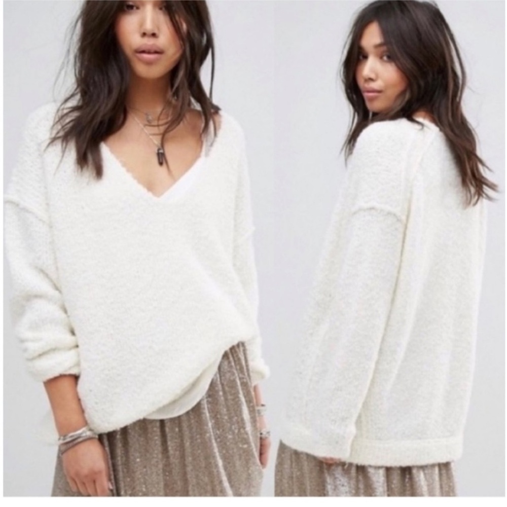 Free People Ivory Alpaca Blend V- Neck Oversized Sweater, Size L, NWT